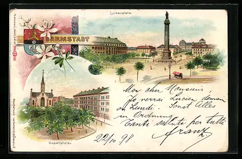 Lithographie Darmstadt, Luisenplatz, Capellplatz
