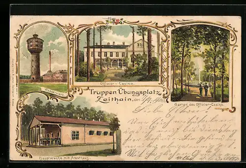Lithographie Zeithain, Truppen-Übungsplatz, Hauptwache mit Aresthaus, Wasserwerk, Offizier-Casino