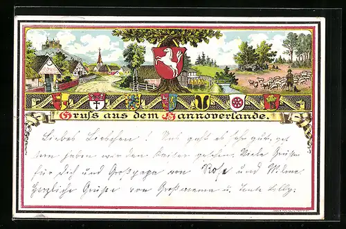 Lithographie Wappen, der Schäfer mit seiner Herde vor dem Ort