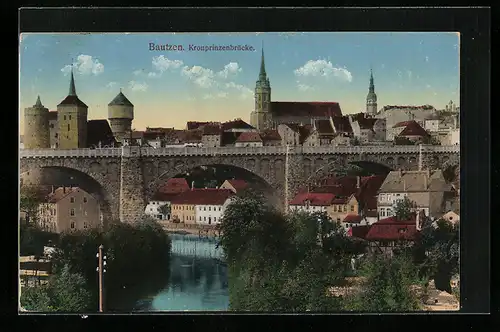 AK Bautzen, Blick auf die Kronprinzenbrücke vor der Stadt