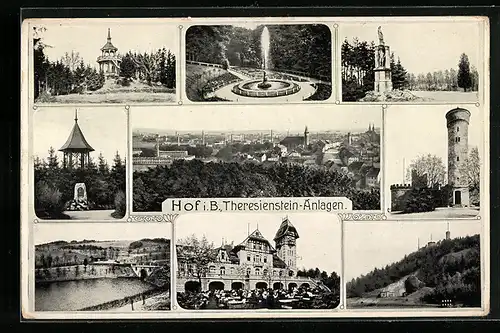 AK Hof i. B., Theresienstein-Anlagen, Brunnen, Turm, Denkmal