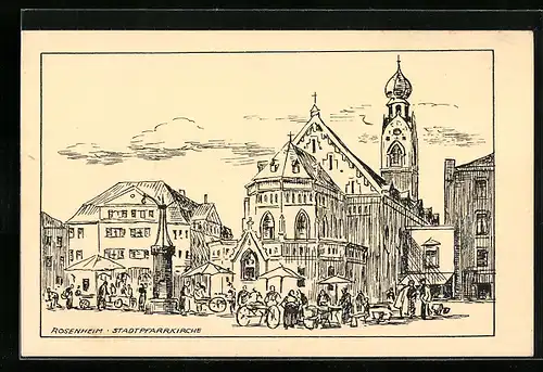 AK Rosenheim, Strassenpartie an der Stadtpfrrkirche