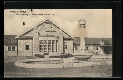 AK Darmstadt, Hauptbahnhof, Fürstenhalle und Brunnen