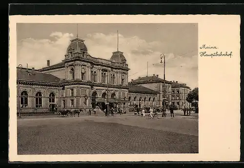 AK Mainz, Hauptbahnhof mit Pferdewagen