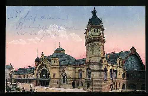AK Köln, Abendstimmung am Haupt-Bahnhof