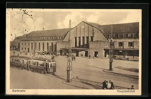 AK Karlsruhe, Hauptbahnhof mit Strassenbahn aus der Vogelschau