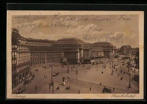 AK Leipzig, Hauptbahnhof mit Strassenkreuzung aus der Vogelschau