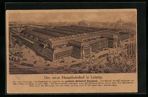 Künstler-AK Leipzig, Blick auf den neuen Hauptbahnhof