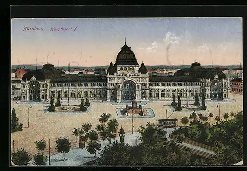 AK Nürnberg, Hauptbahnhof mit Denkmal und Strassenbahn