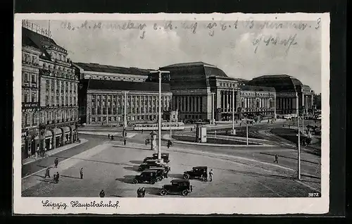 AK Leipzig, Hauptbahnhof mit Strassenbahn aus der Vogelschau