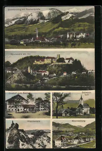 AK Neubeuern am Inn, Panorama, Gasthof zum Schloss, Schwarzlack & Brannenburg