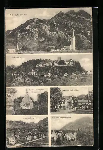 AK Nussdorf, Totalansicht mit Kirche, Blick nach Neubeuern, Gasthof Schneider und Schloss Brannenburg