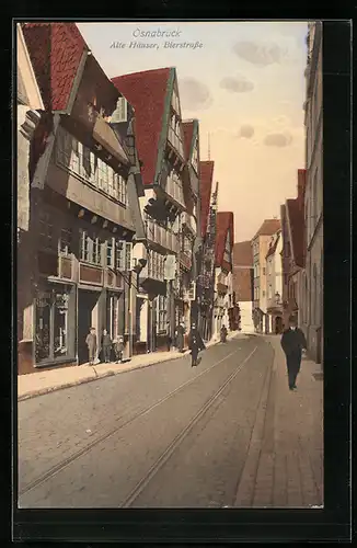 AK Osnabrück, Bierstrasse mit alten Häusern und Passanten