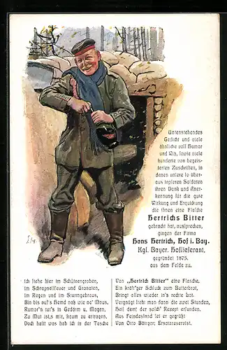 Künstler-AK Reklame Hertrichs Bitter, Soldat mit Flasche Hertrichs Bitter im Schützengraben