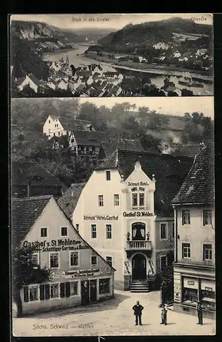 AK Wehlen, /Sa., Gasthof und Hotel zu St. Wehlen, Ortspartie, Blick in das Elbetal