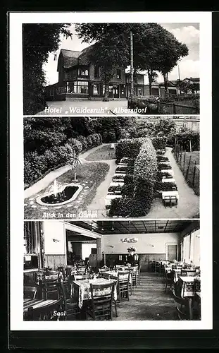 AK Albersdorf, Hotel Waldesruh, Aussenansicht, Garten und Saal