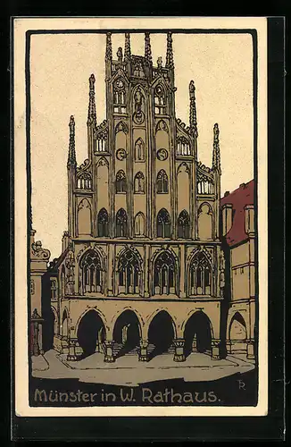 Steindruck-AK Münster i. W., Rathaus, Vorderansicht