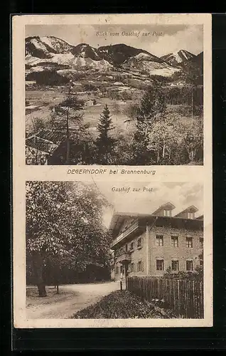 AK Degerndorf bei Brannenburg, Gasthof zur Post J. Moser mit Strasse, Gebirgsblick