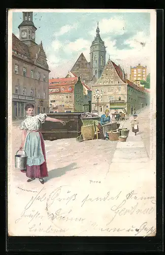 Künstler-AK Meissner & Buch (M&B): Pirna, Junge Frau holt Wasser aus dem Brunnen auf dem Marktplatz