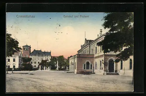 AK Crimmitschau, Bahnhof und Postamt