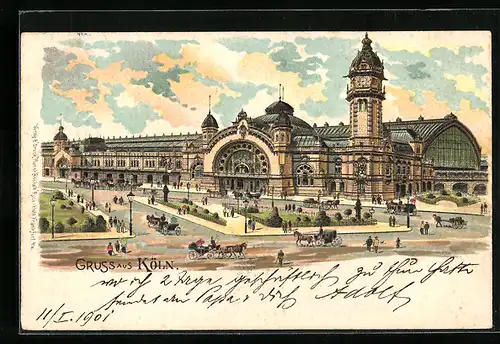 Lithographie Köln, Bahnhof mit Pferdewägen