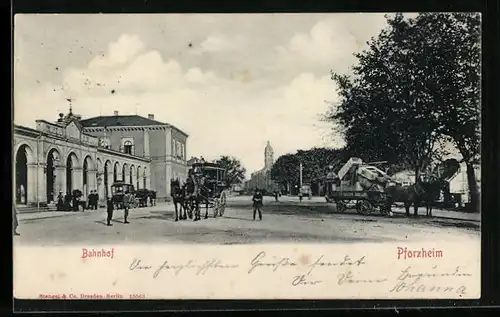 AK Pforzheim, Bahnhof mit Kutschen