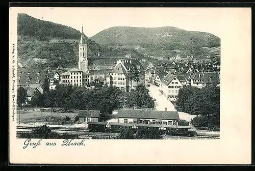 AK Urach, Bahnhof und Strassenpartie mit Kirche