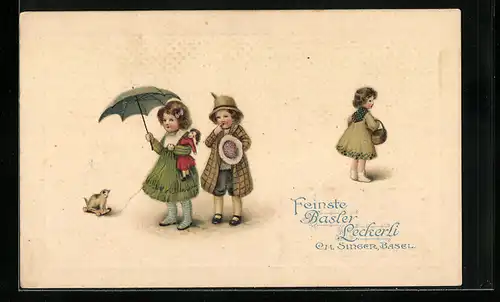 Künstler-Präge-AK Basel, Kekse Basler Leckerli Ch. Singer, Kinder mit Puppe und Spieltier
