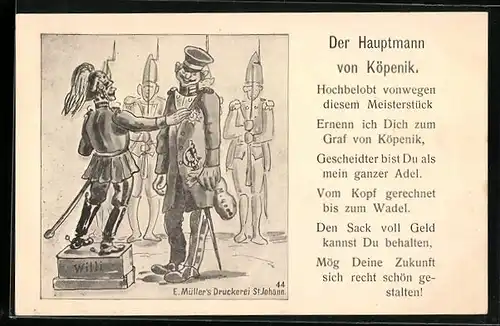 Künstler-AK Berlin, der Hauptmann von Köpenik, ernannt zum Graf von Köpenik