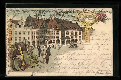 Lithographie Münchner Hofbräuhaus, Äussere Ansicht, Münchner Kindl