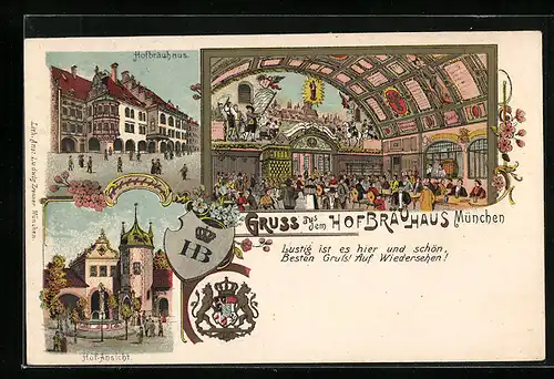 Lithographie München, Münchner Hofbräuhaus, Innenansicht, Hofansicht