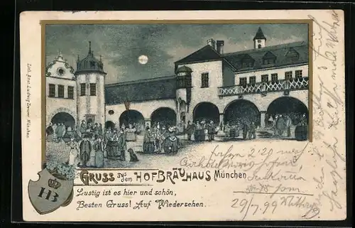 Lithographie Münchner Hofbräuhaus, Hof mit Gästen, Wappen