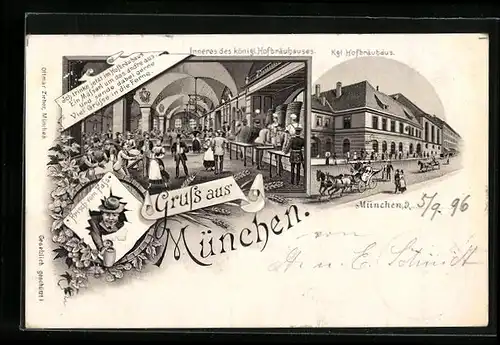 Lithographie München, Münchner Hofbräuhaus, Innenansicht