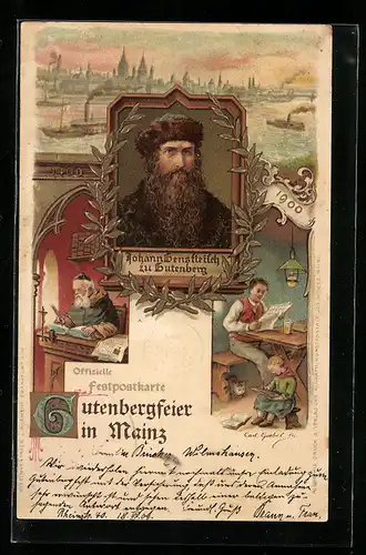 Lithographie Mainz, Gutenbergfeier, Portrait Johann Gensfleisch zu Gutenberg, Stadtansicht