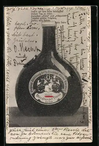 AK Würzburg, Gasthaus Juliusspital-Weinstube, Weinflasche Würzburger Stein