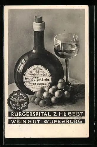 AK Würzburg, Gasthaus Bürgerspital zum heiligen Geist, Weinflasche