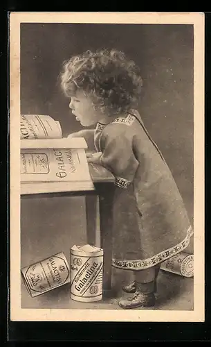 AK Kleines Kind mit einem Buch, Reklame für Galactina Alpen-Mich-Mehl
