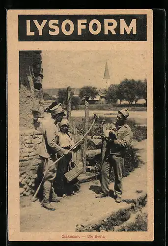 AK Soldaten mit Mädchen, Reklame für Lysoform