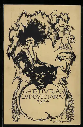 Künstler-AK München, Absolvia Abituria Ludoviciana 1914, nackter Knabe mit Degen und Bierkrug, junge Frau