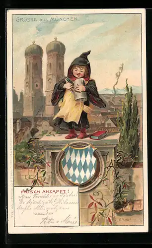 Präge-AK München, Münchner Kindl mit Bierkrug in der Hand, Wappen