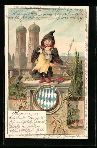 Präge-AK München, Münchner Kindl mit Bierkrug in der Hand, Wappen