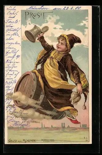Präge-Künstler-AK München, Münchner Kindl reitet auf einem Fass