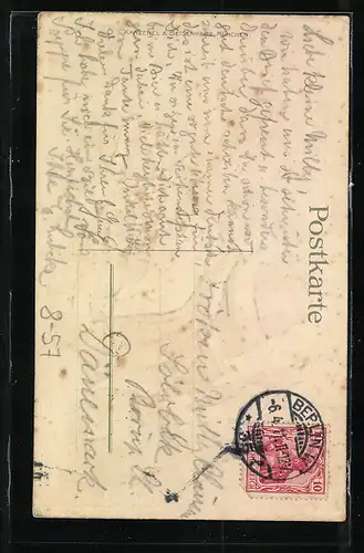 AK Münchner Kindl mit Bierkrug fliegt auf einem Bierfass