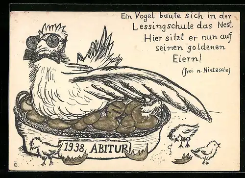 Künstler-AK Absolvia Abitur 1938, Vogel auf seinen goldenen Eiern