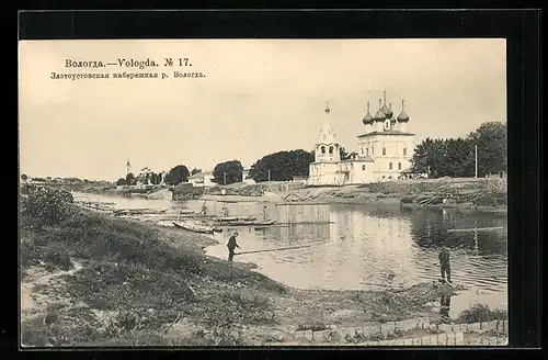 AK Vologda, Uferpartie mit Kirche