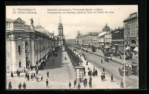AK Sankt Petersburg, Perspective de Nevsky, Gostiny Dvor et Hôtel de ville