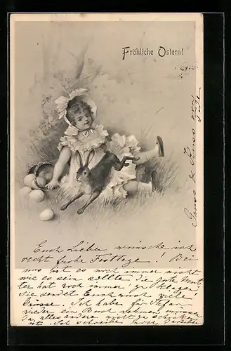 AK Mädchen mit Osterhasen im Grünen