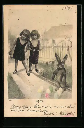 AK Mädchen mit Osterhasen auf dem Weg