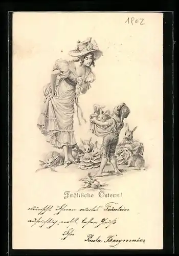 AK Dame und Junge mit Osterhasen