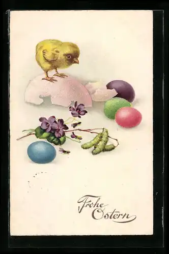 AK Osterküken sitzt auf einer Eierschale